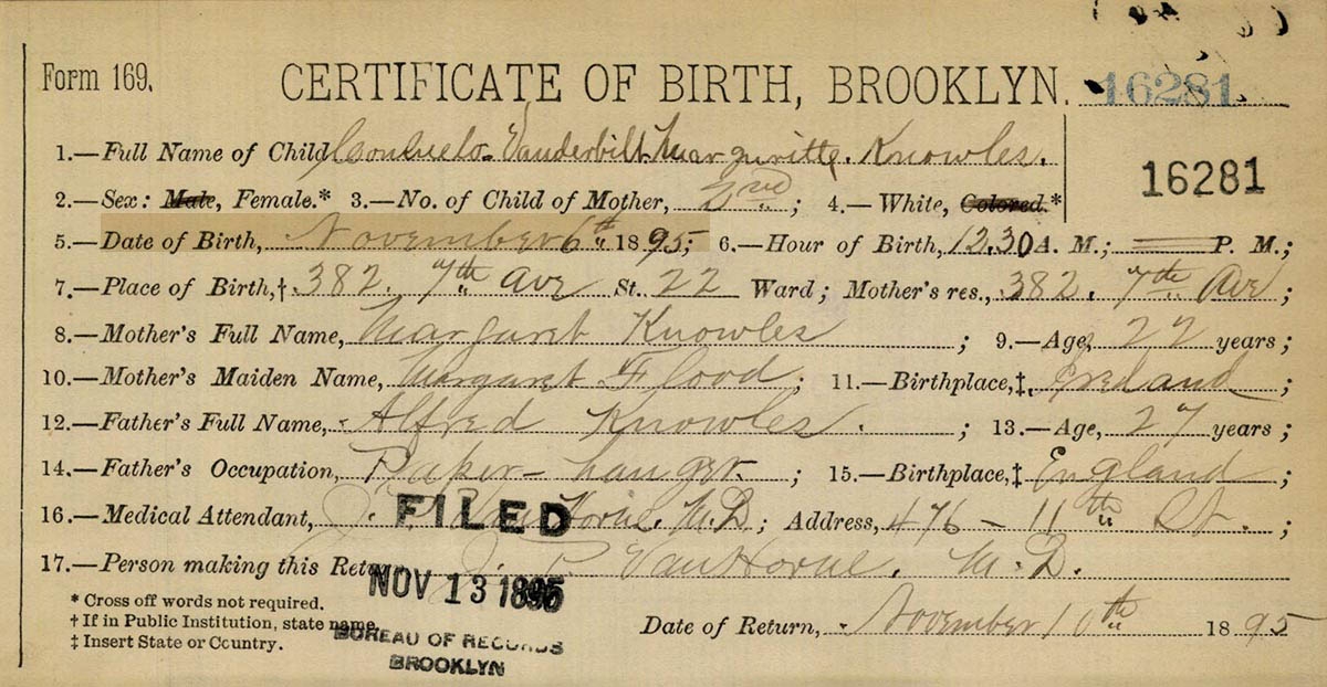 birth certificate for Consuelo Vanderbilt Marguritte Knowles