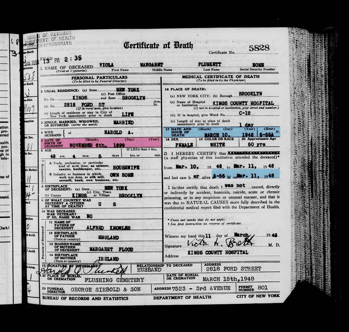 Death certificate for Viola Margaret Plunkett